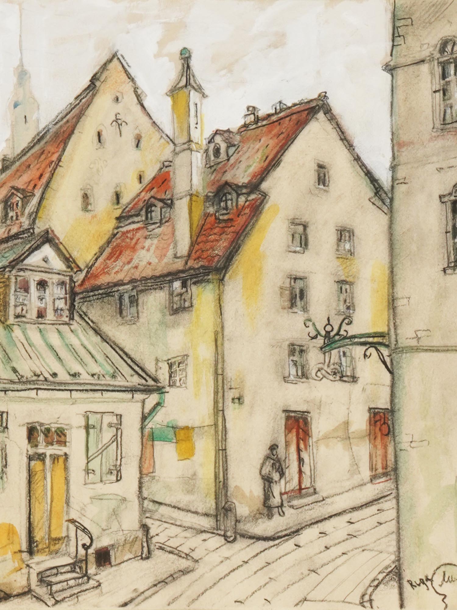 RIGA STREET SCENE PAINTING BY MSTISLAV DOBUJINSKY PIC-1